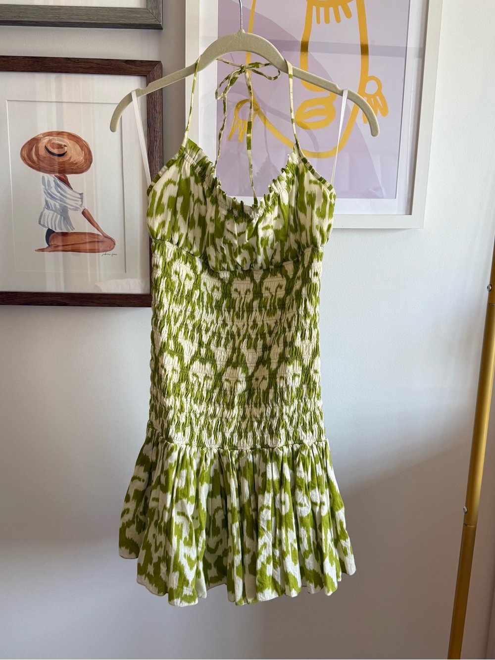 Green Patterned Tie-Strap Smocked Mini Dress